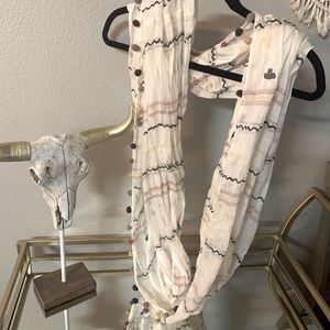 Super cute, white infinity scarf, multi colored with Pom poms